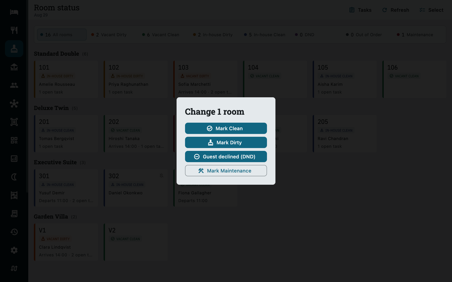 Setting a room's status