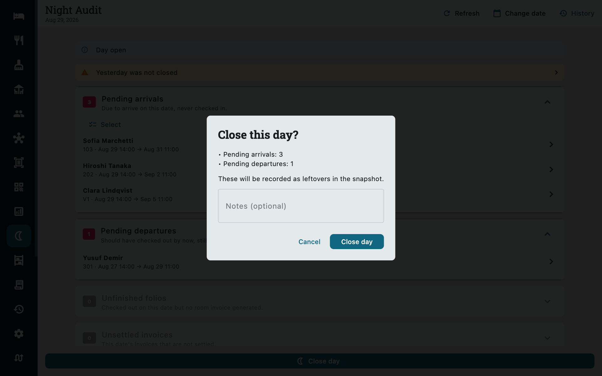 Close day confirmation